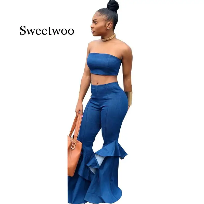 

Denim Two Piece Set Summer Strapless Crop Top and Bell Bottom Jeans Flare Pant Suit Matching Sets Outfits Sexy 2 Piece Set Women