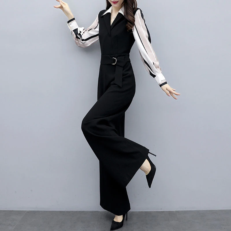 Elegant Slim High Waist Wide Leg Jumpsuits Women Korean Fashion Long Sleeve Fake Two Pieces Sets Office Lady One Piece Pants