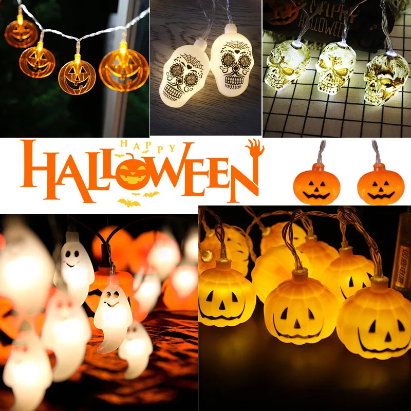 10LED Halloween Pumpkin Spider Bat Skull String Lights Lamp DIY Hanging Horror Halloween Decoration for Home Party Supplies