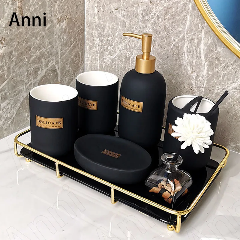 

Five Piece Set Matte Ceramic Bathroom Set Nordic Modern Creativity Restroom Toiletries Organizer Tray Decoration Accessories