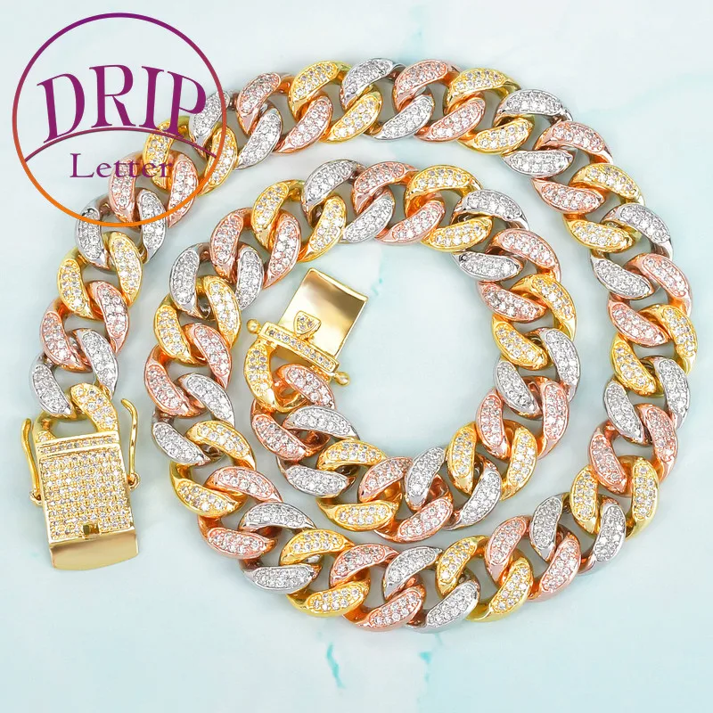 

12mm Mixed Color Cuban Necklace for Men Hip Hop Jewelry Copper Material CZ Clasp Chain Link 16-28inch