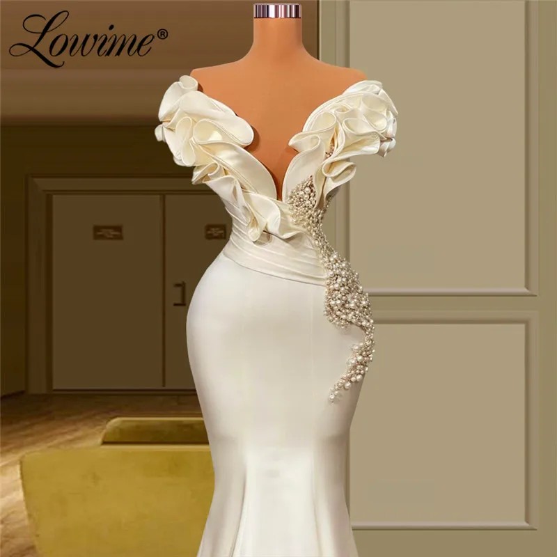 Lowime-Vestido largo de fiesta de sirena para mujer, traje Formal de satén con perlas simples, hecho a medida, estilo árabe Dubái, 2022