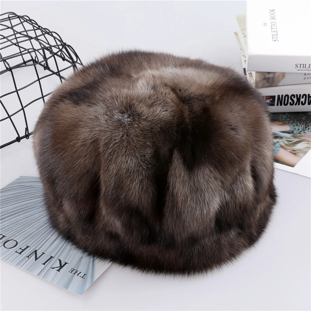 Unisex Winter Warm 100% Sable Fur Hat Men\'s Bucket Cap Women\'s Luxury Real Fur Beanie Hats Natural Brown Color