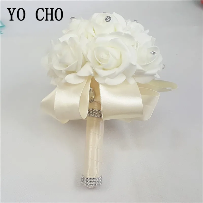 YO CHO White Pink Foam Rose Bridal Bridesmaid Bouquet Flowers Wedding Bouquet Artificial Flower Roses Bridal Bouquet Hand Flower