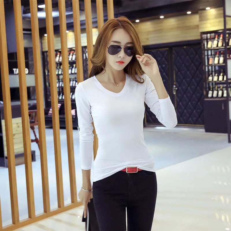 

Korean Version Of women's Solid Color Slim long-sleeved T-shirt all-match women's Top Bottoming Shirt Round Neck V-neck