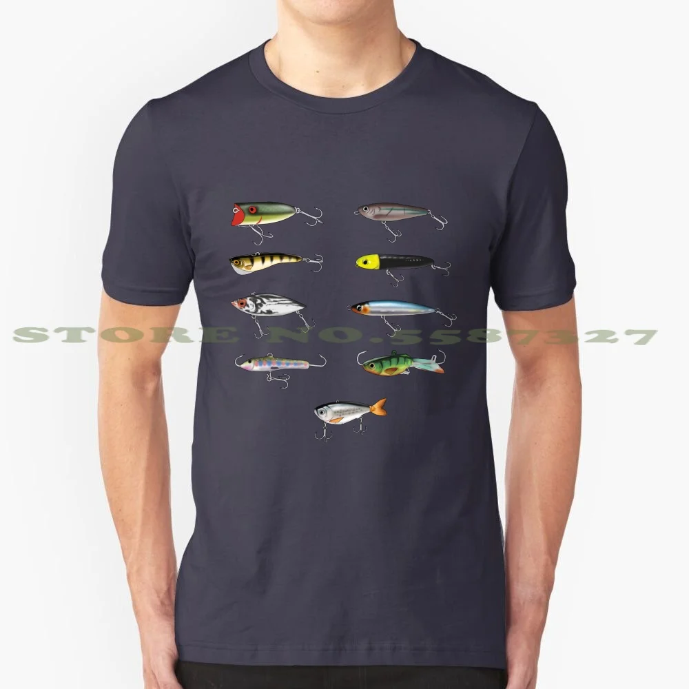 Señuelos de Pesca 100% algodón puro, camiseta, caña de pescar, pescador, creativo, patrón artístico, lubina, salmón, Lucio, Bluegill, cuchara, trucha