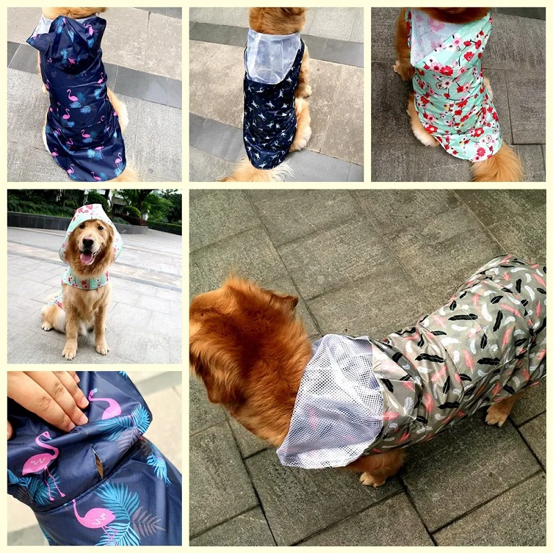 Printing Large Dog Raincoat Waterproof big Dog Clothes Coat Rain Jacket Breathable mesh Medium big dog poncho with Traction hole