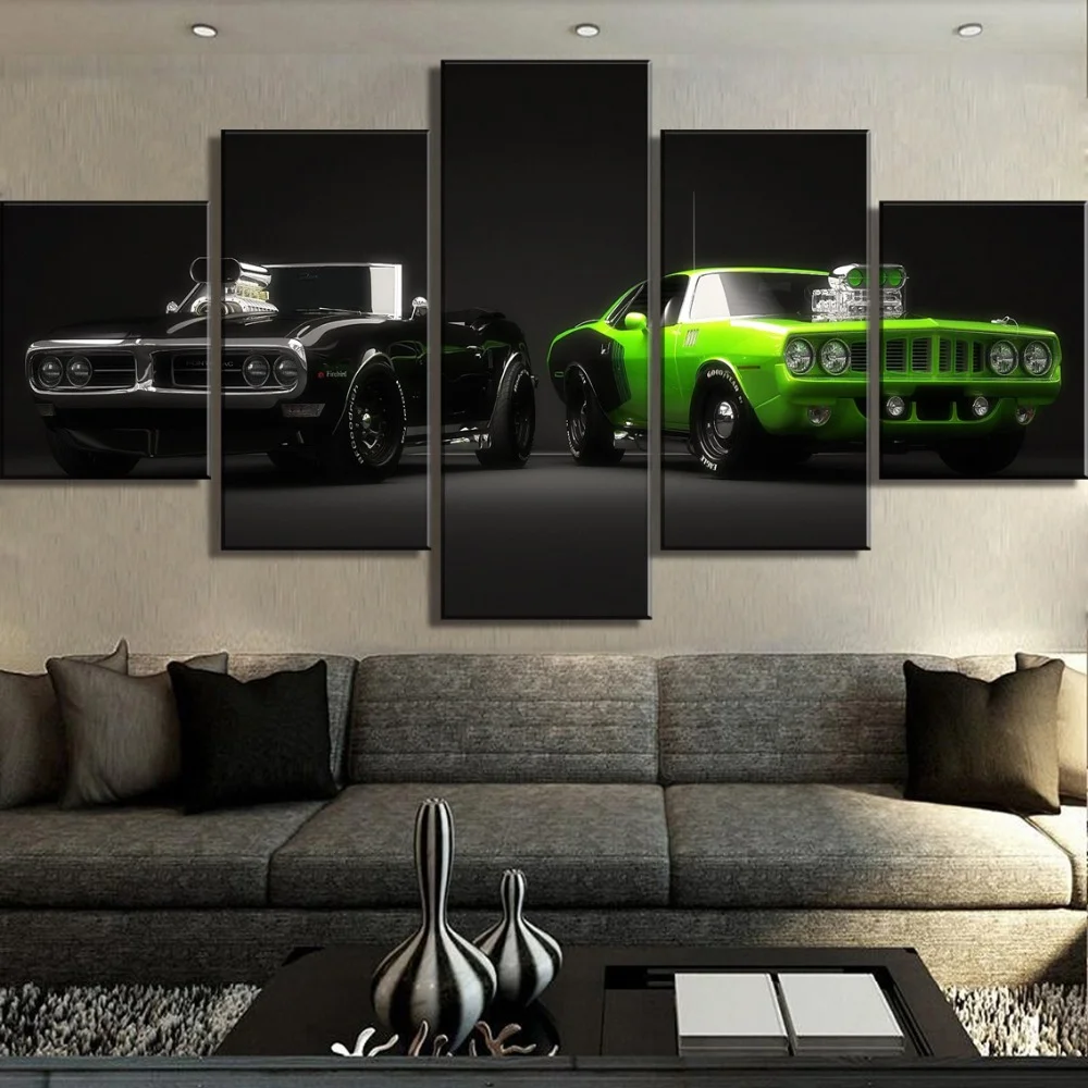 

No Framed Canvas 5Pcs HD Print Black Green Car Cuadros HD Posters Wall Art Pictures Decoration Accessories Home Decor Paintings