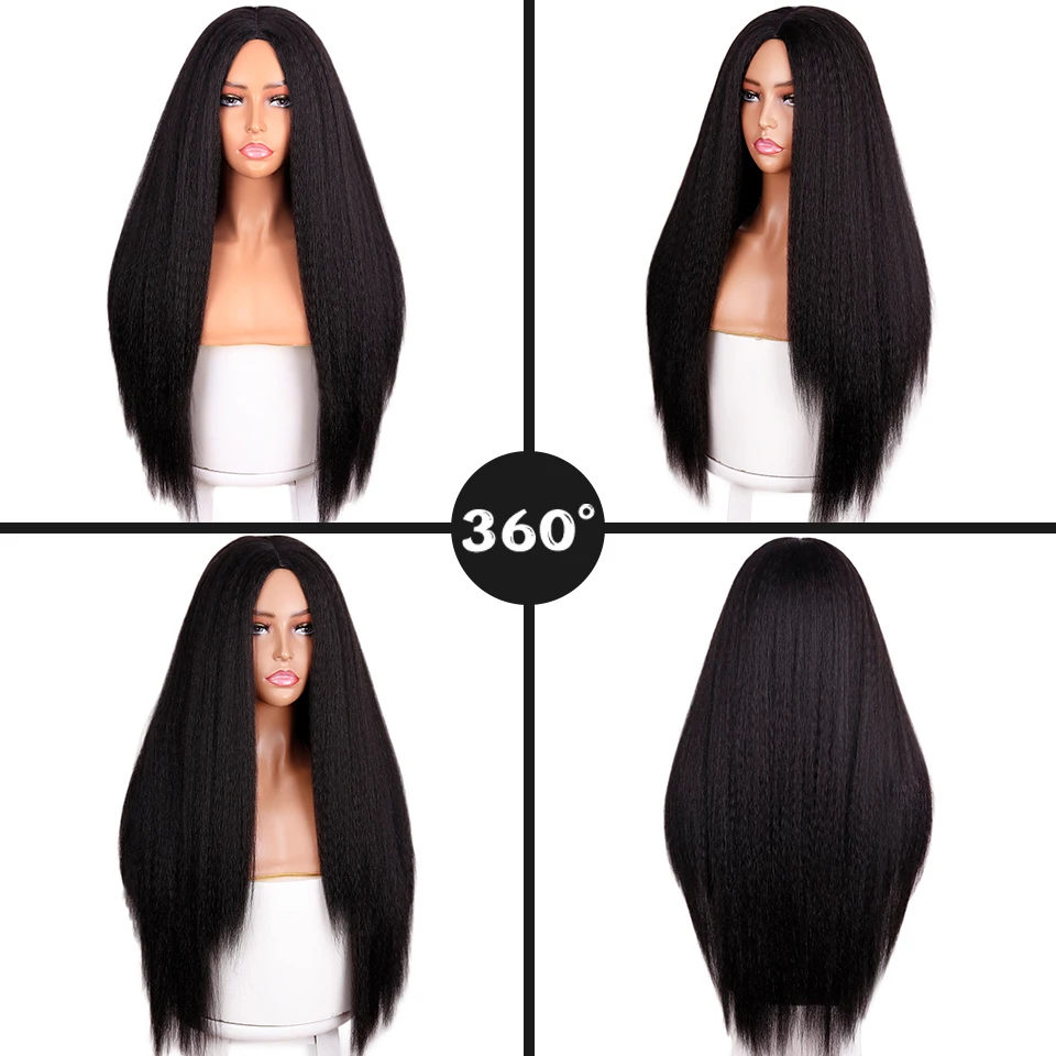 200 Density Glueless Yaki Natural Long Kinky Straight Wigs For Black Women Yaki Straight Wig Hairline with Baby Hair Afro Wigs