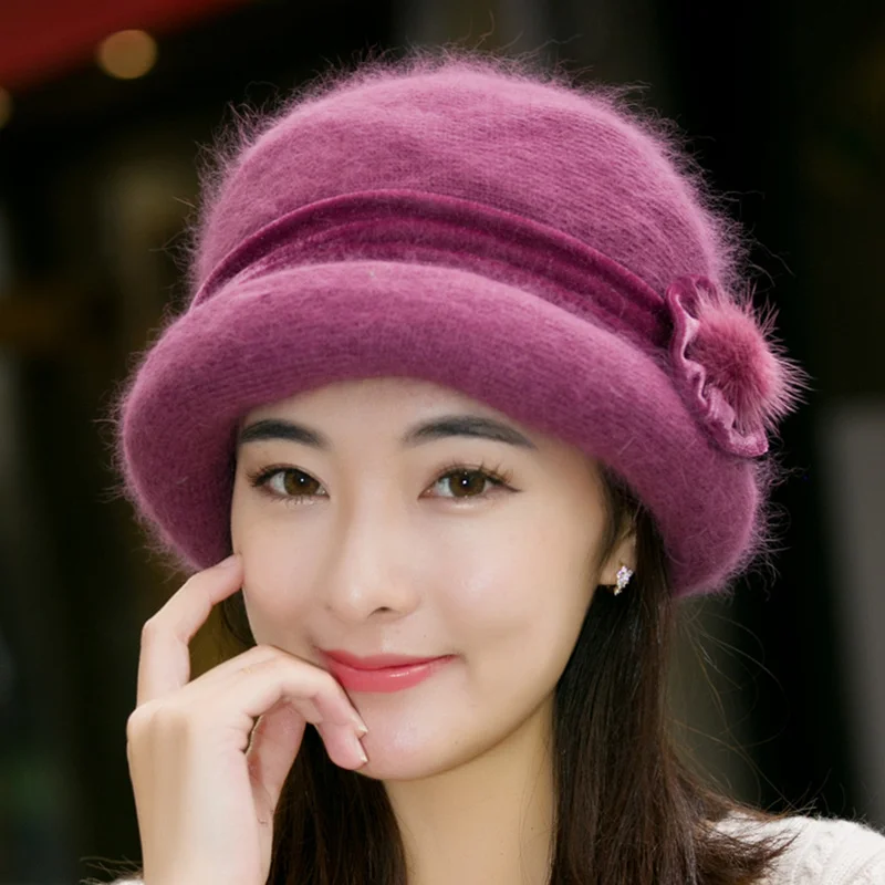 H7713 Women Warm Bucket Hat Autumn Winter Female Rabbt Fur Thickened Knitted Fisherman Cap Middle-aged Elderly Mother Basin Caps