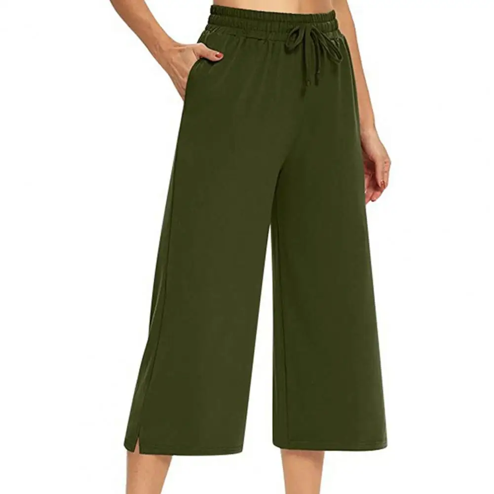 Summer Women\'s cropped trousers Wide Leg Solid Color Soft Drawstring Pockets Elastic Waist Women Streetwear Pants 2021