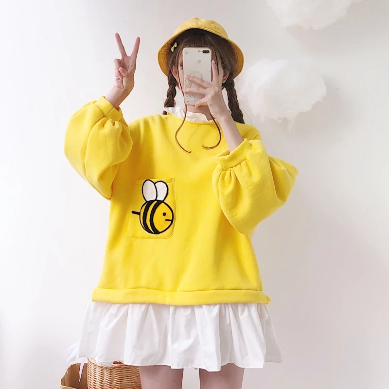 

Autumn and winter Japanese soft girl sweet and cute embroidery fake two loose pullover plus velvet sweater dress schoolgirl