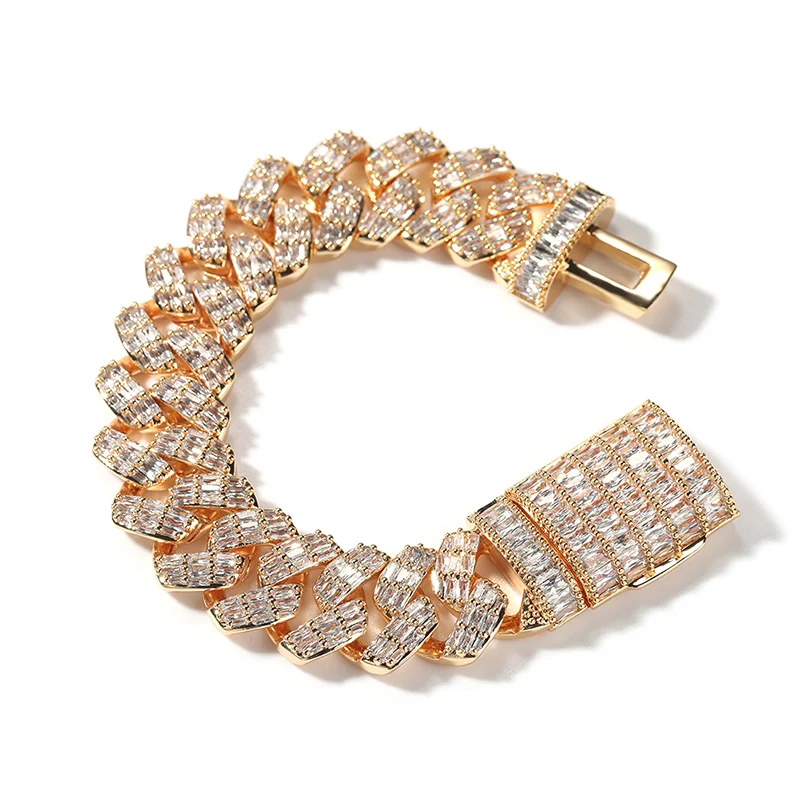 Hip Hop Square CZ Stone Paved Bling Iced Out 19mm Solid Rhombus Cuban Miami Link Chain Bracelet for Men Rapper Jewelry