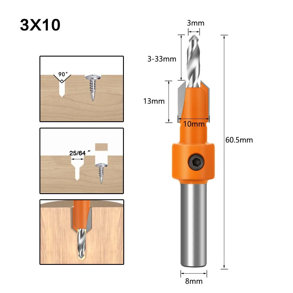 8/10mm Shank Wood Countersink Router Drill Bit Woodworking expanding Screw hole Drilling Milling Cutter for wood Timber plastic