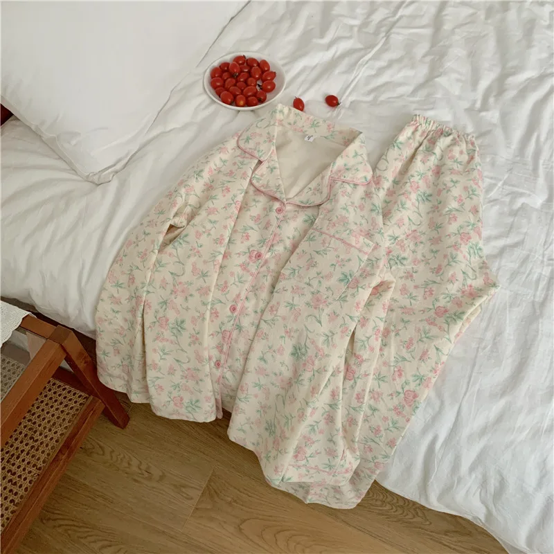 2 Colors Women\'s Floral Turndown Collar Pajama Sets Floral Tops+Pants Vintage Ladies Girl‘s Flowers Pyjamas Set Home Sleepwear