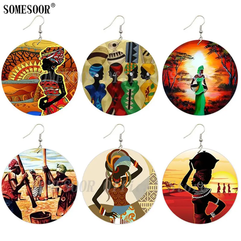 SOMESOOR African Ethnic Headwrap Woman Wooden Drop Earrings Black Sister Tribal Designs Loops Both Sides Printed For Women Gifts