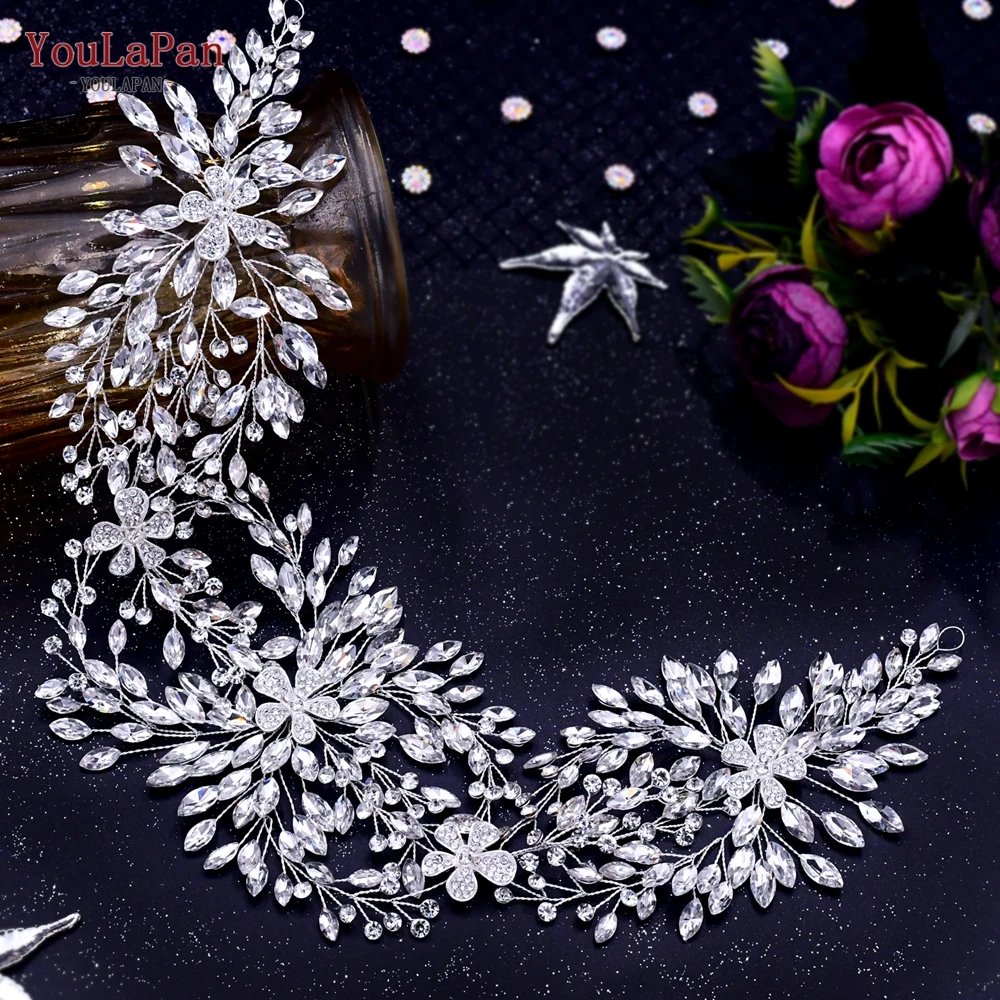 YouLaPan HP390 Rhinestone Headband Alloy Flower Hair Band for Bride Luxury Bridal Hair Jewelry Handmade Wedding Hair Accessories