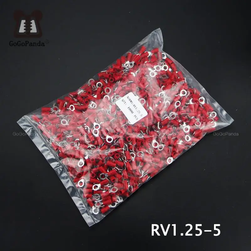 1000PCS RV1.25-(3 4 5 6 8 10 12) Red Ring Insulated Terminal Cable Crimp Terminal Suit 0.5-1.5mm2 Cable Wire Connector 22-16 AWG