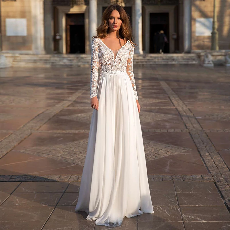 Vestido De Novia clásico De gasa con corte en A para mujer, Vestido De encaje con cuello en V, mangas largas, apliques nupciales con tren De barrido