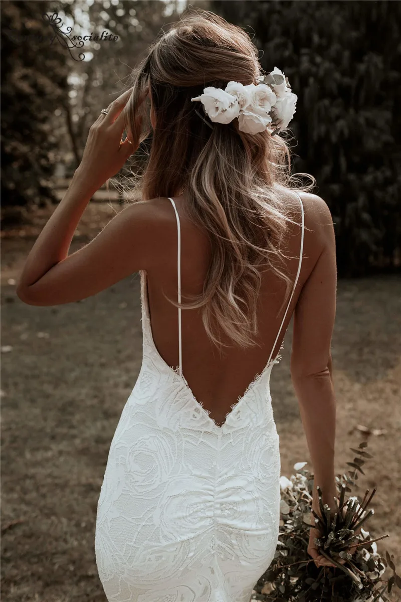 Boho Mermaid Wedding Dress Lace สปาเก็ตตี้สายรัด Backless Beach ชุดเจ้าสาวเซ็กซี่เซ็กซี่ชุดเจ้าสาว Vestido De Noiva Elegant