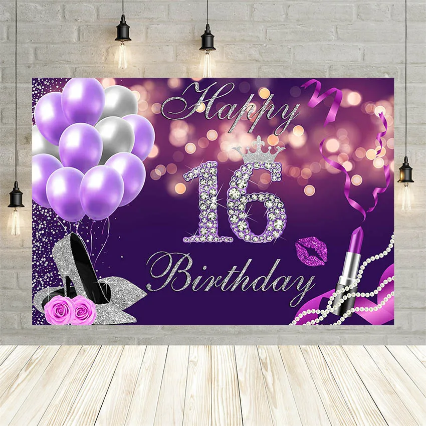 

Purple Girl Sweet 16th Birthday Decoration Backdrop Balloons Lipstick Glitter Bokeh Sixteen Adult Party Photography Background