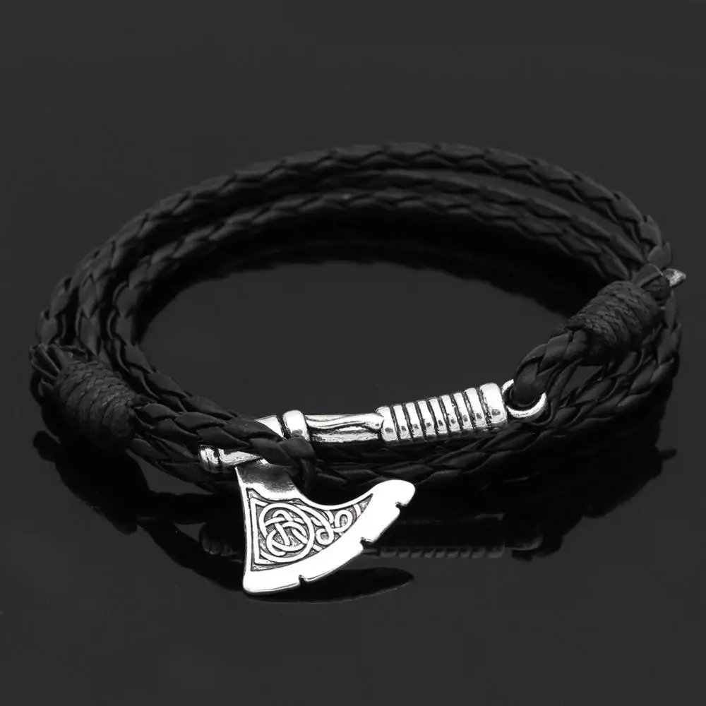 Mens Axe Viking Bracelet Irish Knot Hatchet Handmade Braided Multilayer Leather Pirate Bracelet For Male Hand Jewelry