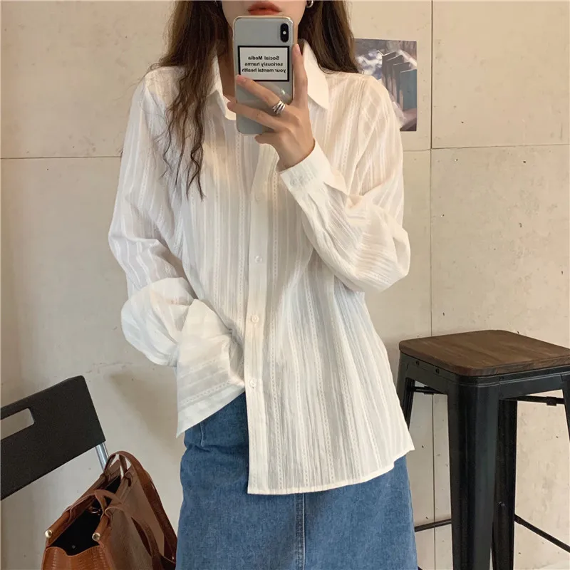 Alien Kitty 2021 White Striped Office Lady Loose Fashion Hot Vintage Shirts Female Casual Tops All Match Streetwear Blouses