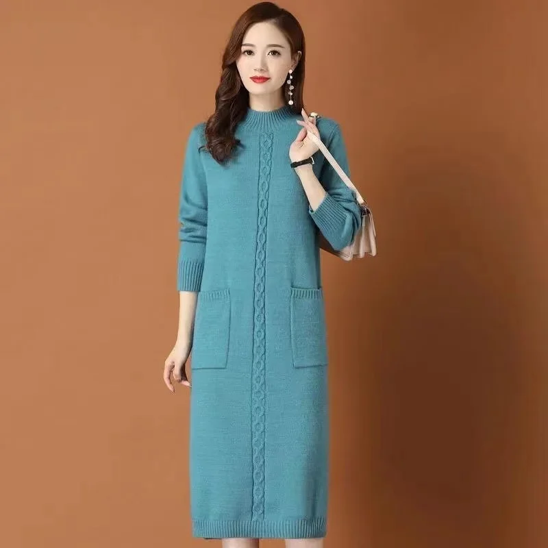 Koreanische Winter Halb Hohen Kragen Lange Gestrickte Pullover Frauen Jumper Damen Lose Große Tasche Lange Ärmel Stricken Pullover Kleid Weibliche