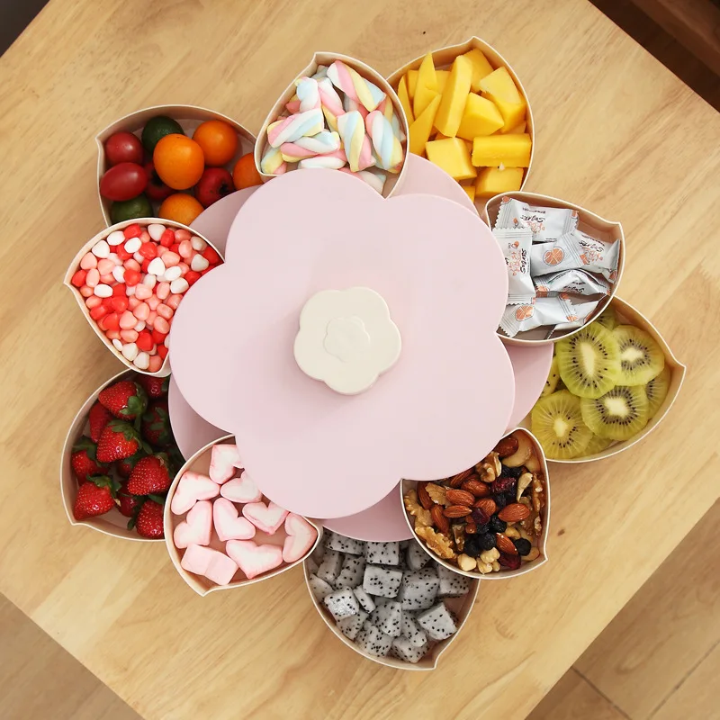 Funny Double Deck Rotary Storage Box Flower Design Wedding Snack Candy Box Jewelry Organizer Cosmetic Dry Fruit Storage Bin