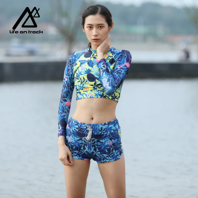 

Women Swinsuit Quick Dry Sunscreen Long Sleeve Swimwear Pants Shorts Set Print Surf Diving Swiming Suits Wetsuits