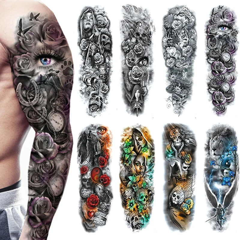 Waterdichte Tijdelijke Volledige Arm Tatoeages Mannen Vrouwen Cool Been Art Zwarte Vis Dragon Skull Mouw Grote Nep Sticker Glitter Stijl