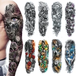 Tatuajes Temporales impermeables de brazo completo para hombres y mujeres, arte fresco para piernas, pez negro, dragón, manga de Calavera, pegatina falsa grande, estilo brillante