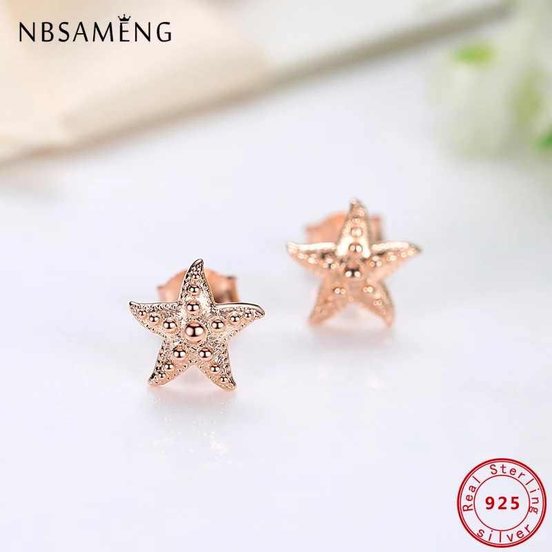 원래 100% 925 스털링 실버 스터드 귀걸이 로즈 골드 불가사리 Earings 여성을위한 파인 쥬얼리 결혼 선물