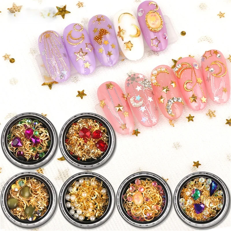 

1 Box Nail Rhinestone Mixed Gold Moon Star Crystal Diamond Acrylic Nail Studs Accessories For Nails 3D Decoration Gems