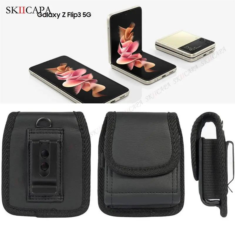 Leather Phone Pouch For Samsung Z Flip 5 Belt Clip Holster Oxford Cloth Phone Case For Galaxy Z Flip 4 3 5G SM-F711B Waist Bag