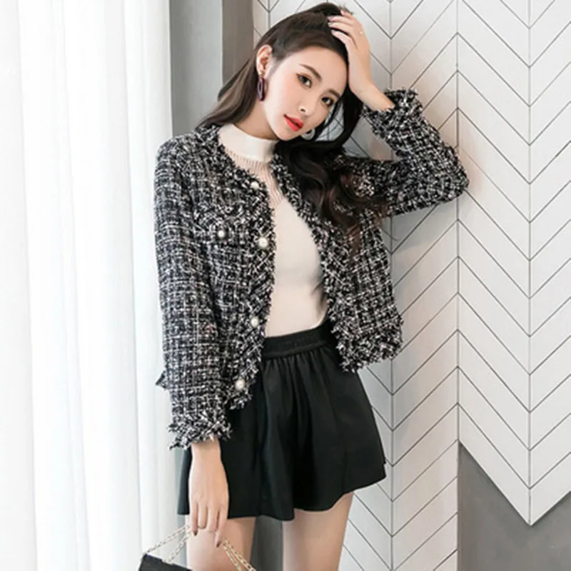 

ZAWFL 2020 Autumn New Style Good Quality Women Vintage Tweed Coat Female O-neck Rhinestone Button Short Style Blended Jacket