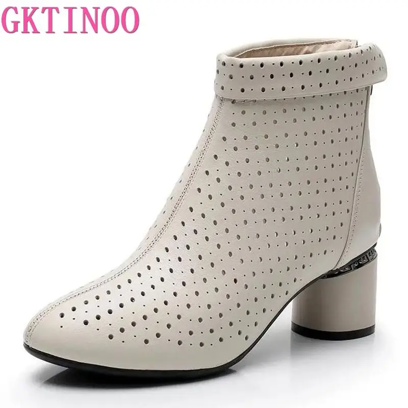 GKTINOO Ankle Boots Zipper Footwear Hollow Out Fashion Ladies High Heels Round Toes Genuine Leather Summer Shoes