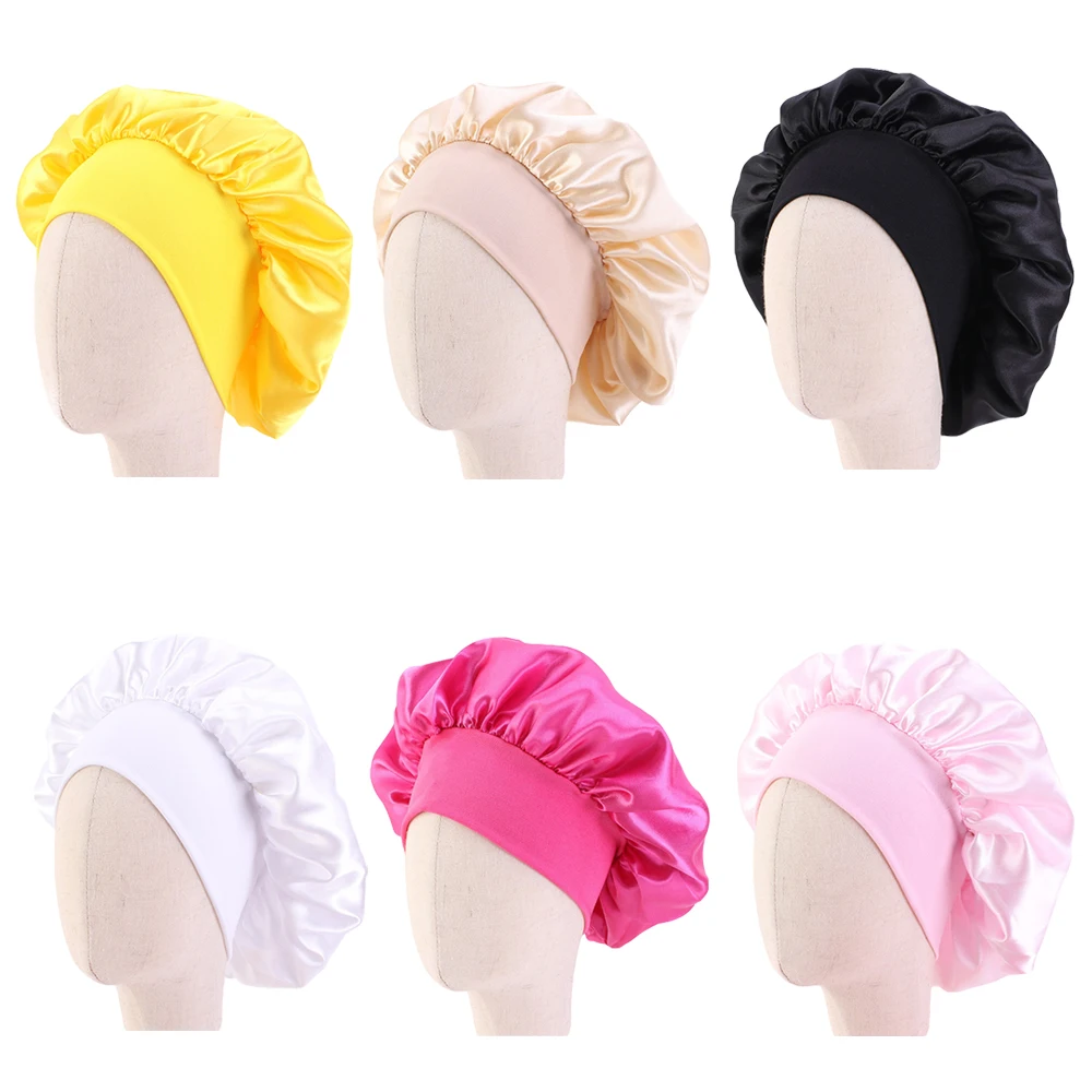 

8Colors Satin Night Sleep Cap Kids Girl Hair Care Bonnet Hat Elastic Wide Band Cover Wrap Hat Turban Beanies Skullies Shower Cap