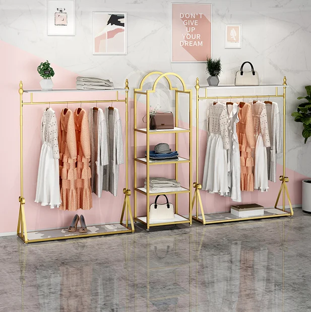 2021 new clothing store clothes display rack gold clothes hanger floor-to-floor shelf clothes rack floor-to-floor