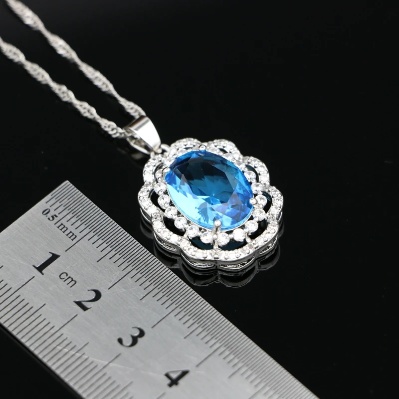 Silver 925 Pendant Necklace for Women Sky Blue Cubic Zirconia White Crystal Party Accessories
