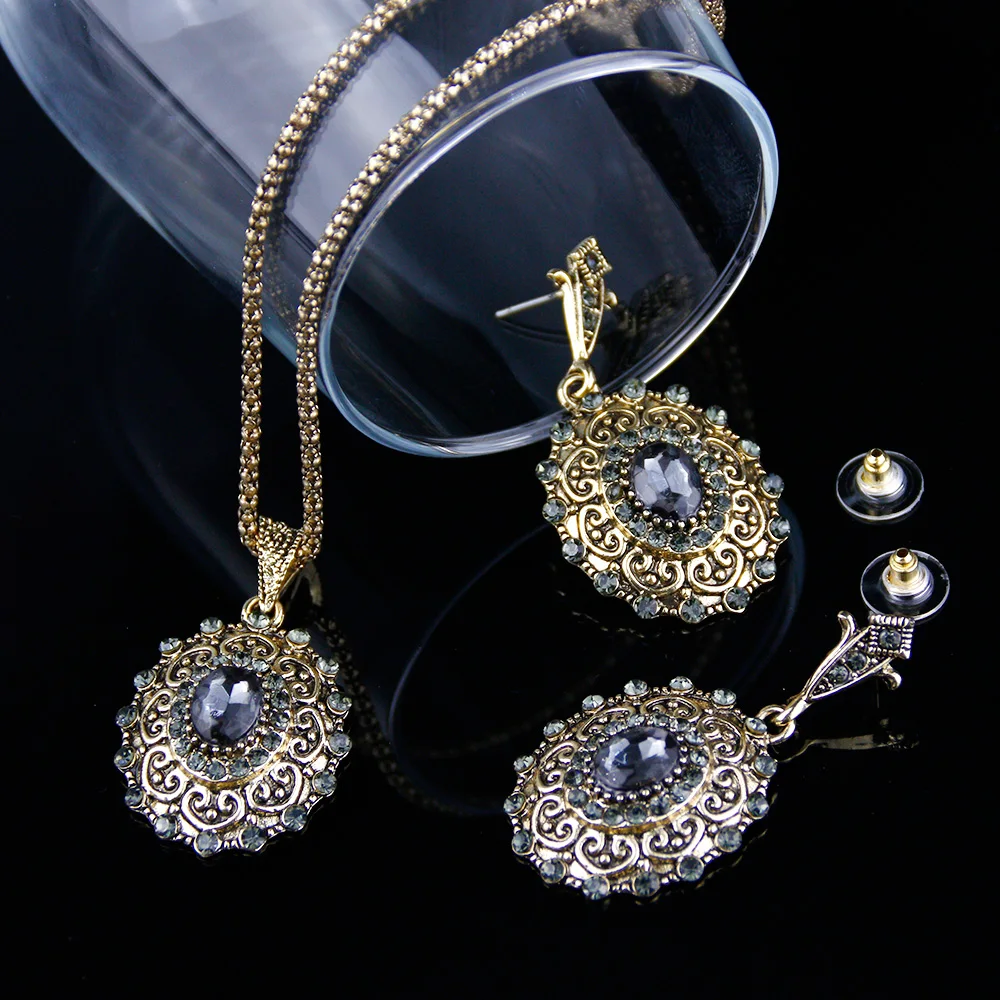 Sunspicems Retro Vintage Bohemia Women Jewelry Sets Antique Gold Color Gray Crystal Drop Earring Necklace Turkish Bijoux Gift