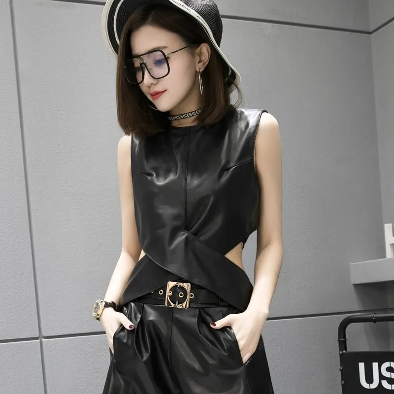 New Sexy Hollow Out Womens Sheepskin Vest Fashion Ladies Casual Sleeveless Tops Genuine Leather Vest Cross Strap Waistcoat