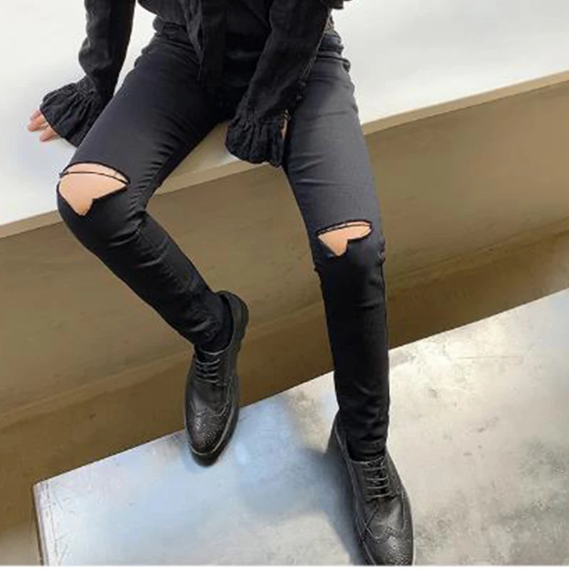 Men Black Slim Fit Hole Ripped Jeans Trousers Male Women Punk Gothic  Fashion Hip Hop Skinny Denim Pencil Pant