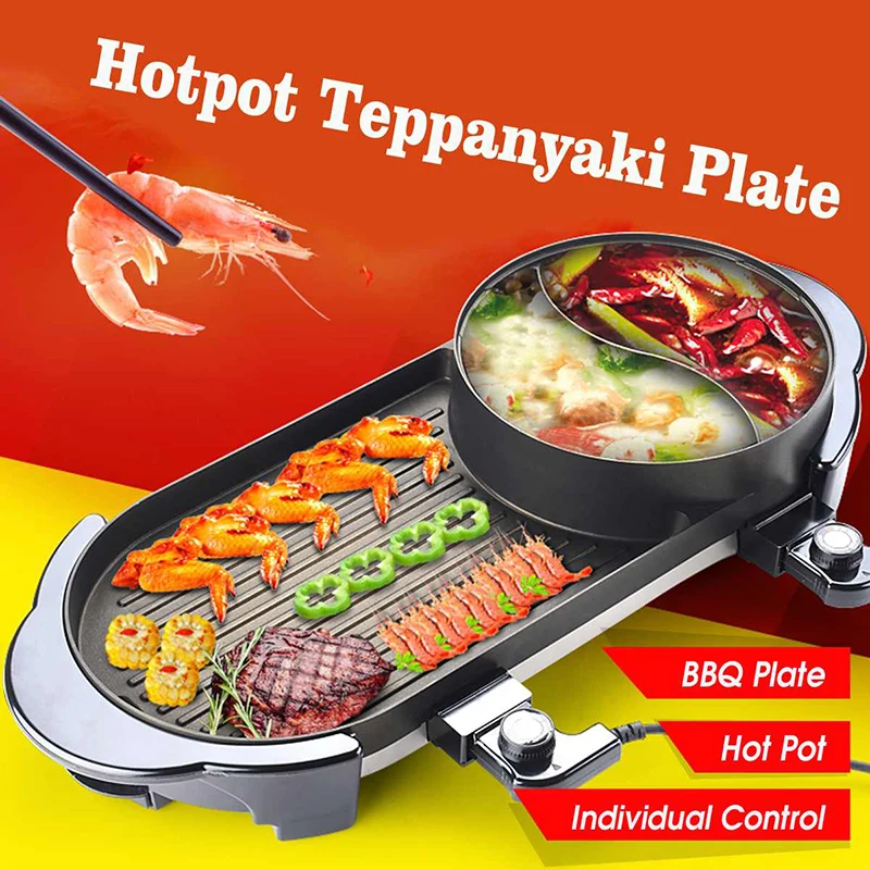 

Multi-function Electric Smokeless Indoor Bbq Grill Barbecue Plate+Chafing Dish Hot Pot 220v 2000w Smokeless Barbecue Grill 1pc