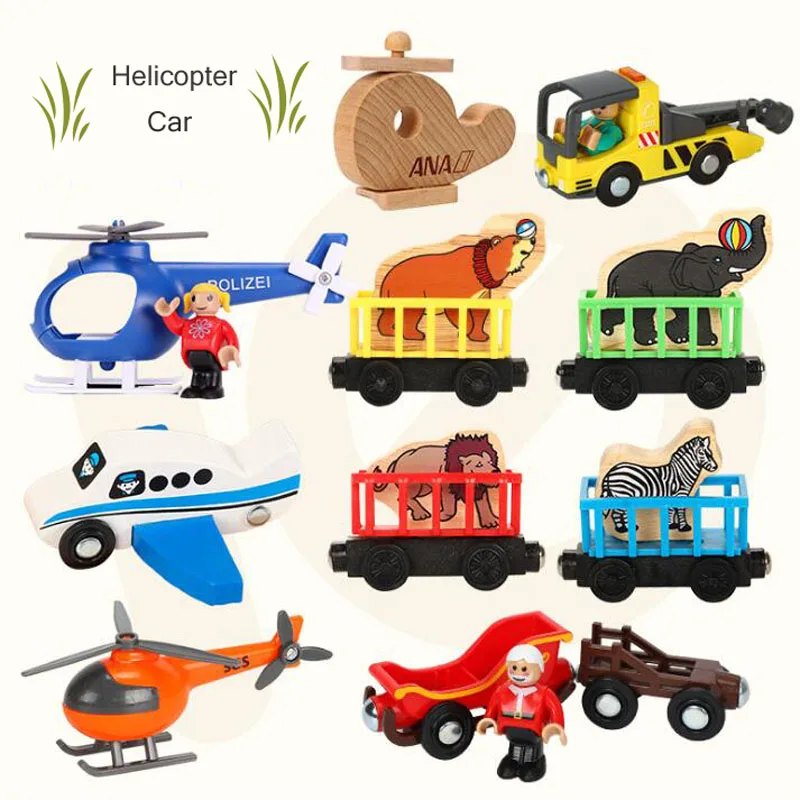 Wooden Magnetic Train Plane Wood Railway Helicopter Car Truck Accessories Toy For Kids Fit Wood Biro Tracks Gifts