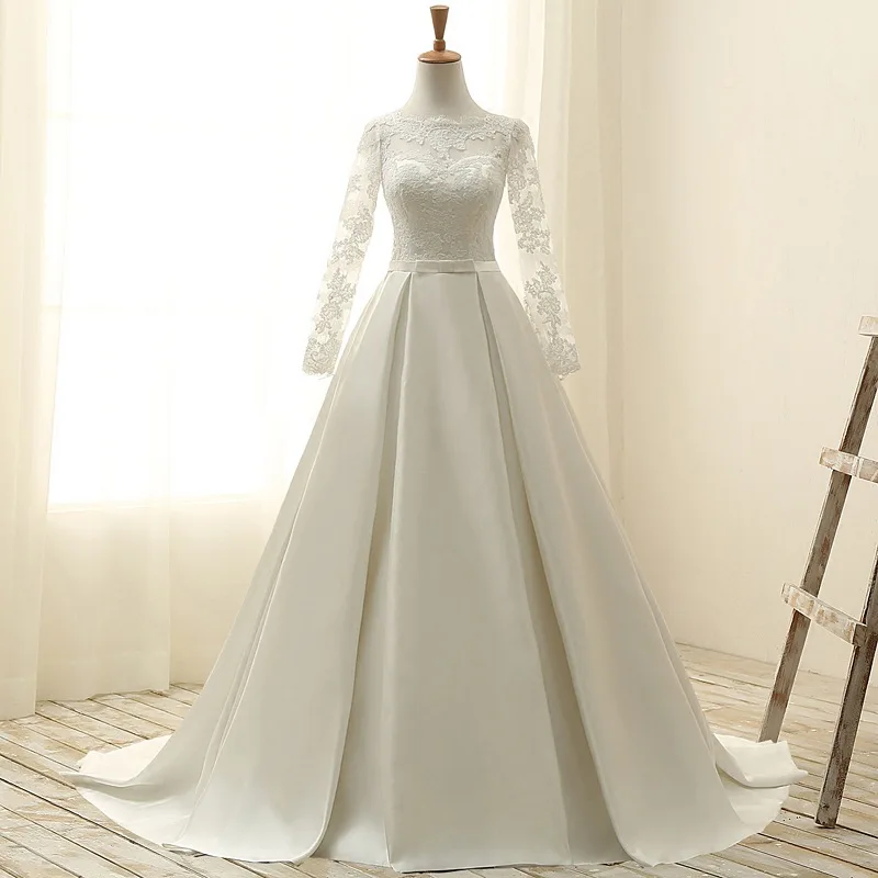 Sexy Lace A-Line Wedding Dress Satin Sweep Train Decoration With Waist Long Sleeve robe de mariée Lace Up Elegant Bride Dress