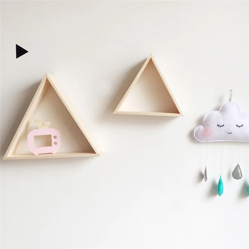 2Pcs Nordic Wall Mounted Shelf Kids Room Wooden Triangle Floating Decorative Shelves Storage Rack Nursery Home Decor Organizer