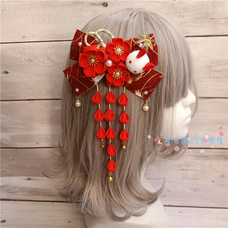 Épingle à cheveux en forme de fleur de cerisier pour fille, kimono japonais, accessoires lolita, doux, en forme d'éventail, lapin, nœud fin