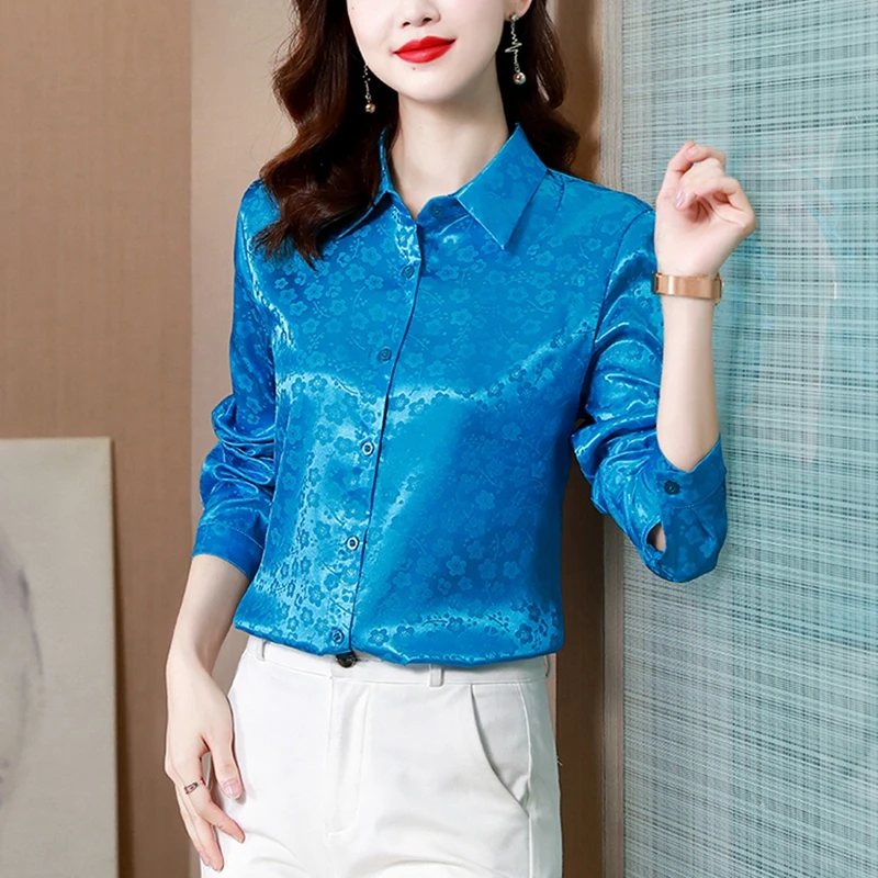 Elegant Office Ladies Flower Work Shirts Women Satin Silk Blouse Fashion Slim Spring Autumn Long Sleeve Silk Shirt Party Tops