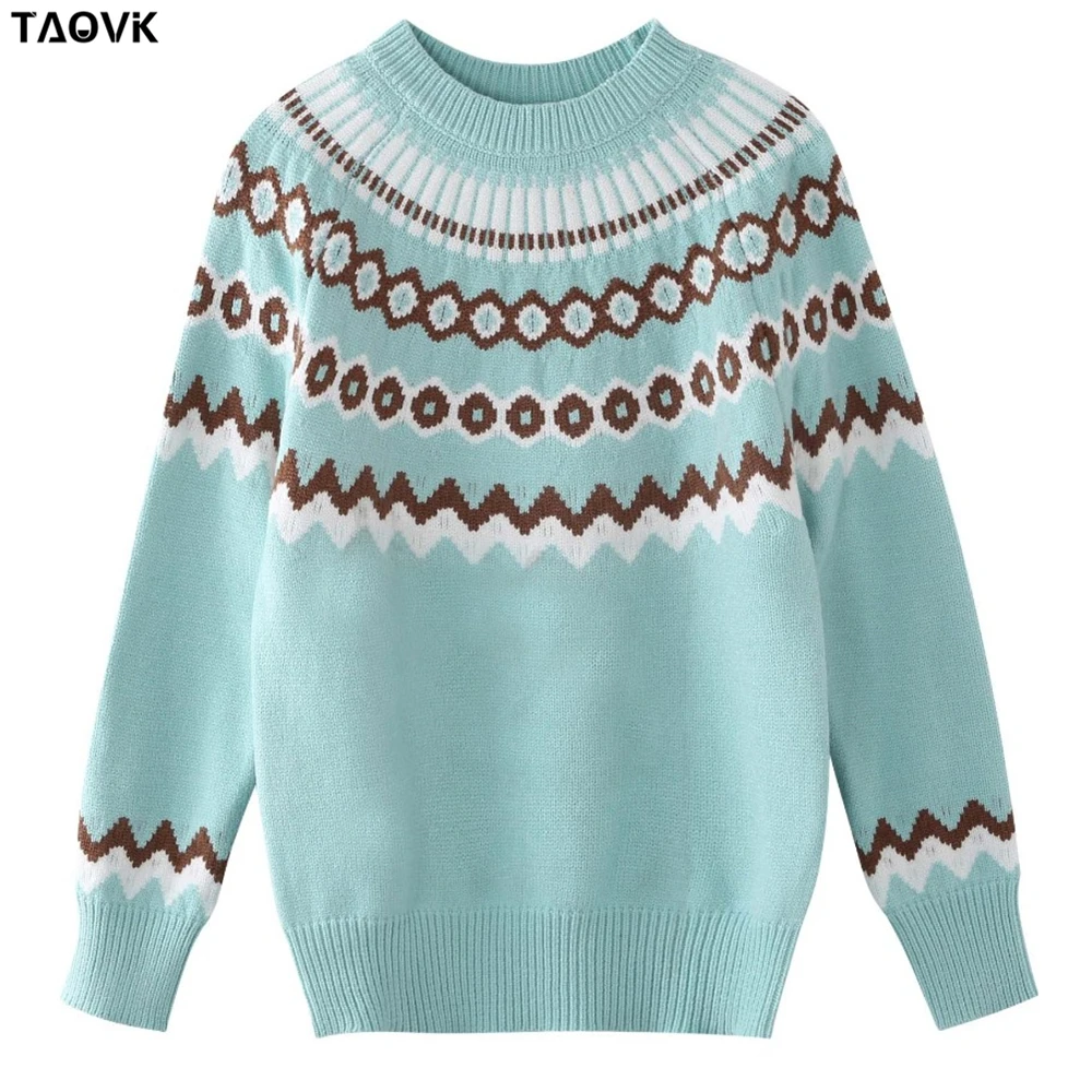 TAOVK Women Sweaters O-neck thick striped Pullovers Female long sleeve Knitting Tops contrast color Sky blue white Sweater